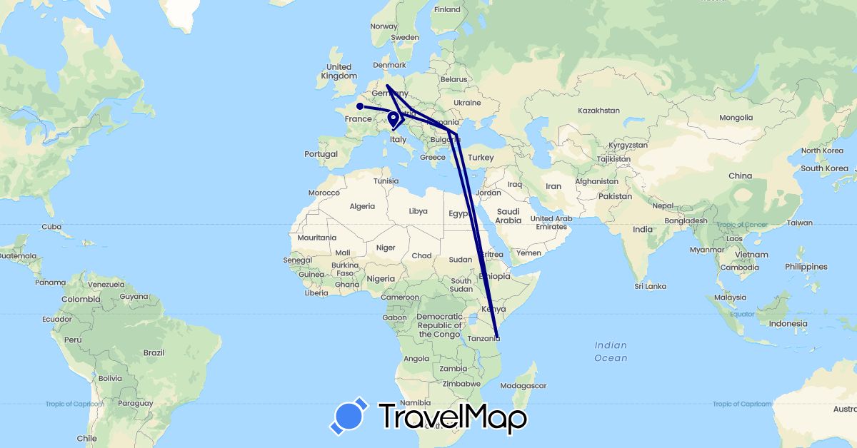 TravelMap itinerary: driving in Austria, Bulgaria, Germany, France, Italy, Romania, Slovenia, Tanzania (Africa, Europe)